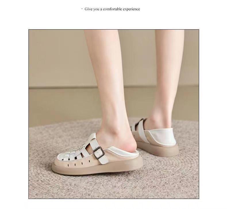 Sandalias Retro de Cuero Suave Transpirable de Punta Cerrada para Mujer Verano 2025