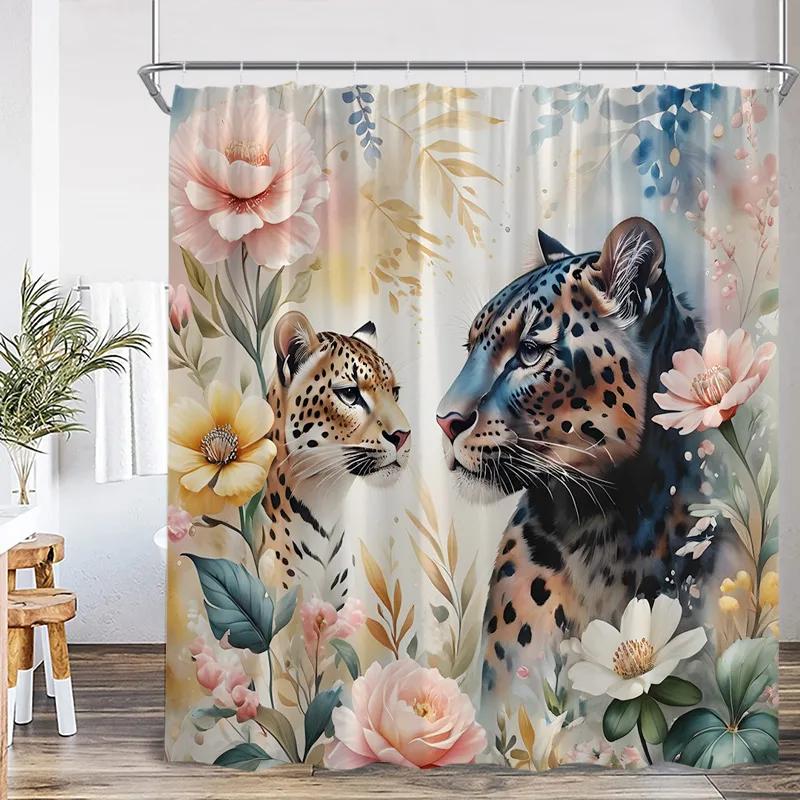 Floral Leopard Shower Curtains Watercolour Jungle Flowers Plants Wild Animal Bath Curtain Fabric Home Bathroom Decor with Hooks
