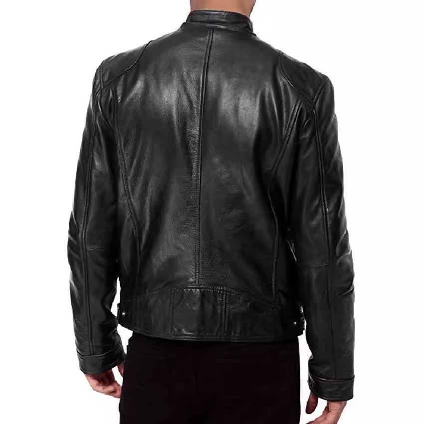 European & American Style Men's Stand-up Collar Leather Motorcycle Jacket with Logo