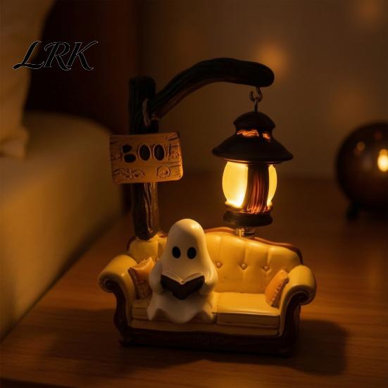 Figura Navideña Linda No de Terror Fantasma de Halloween Leyendo Libro Lámpara, Luz de Noche con Libro, Decoración de Fiesta Temática Whimsical Boo Resina 3D de Mesa