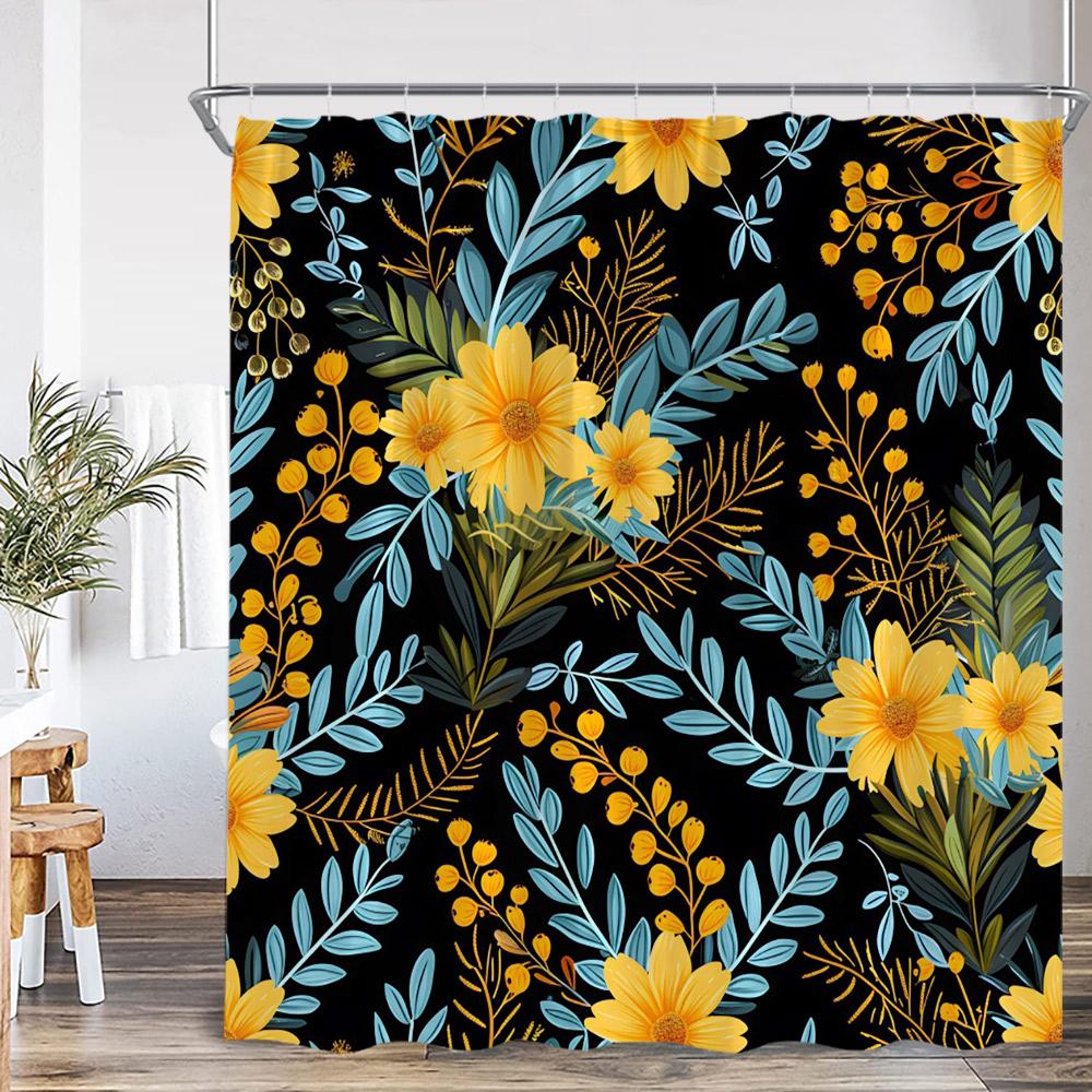 Floral Boho Shower Curtain Colored Flower Green Leaf Plant Vintage Dark Bath Curtain Polyester Fabric Bathroom Decor with Hook