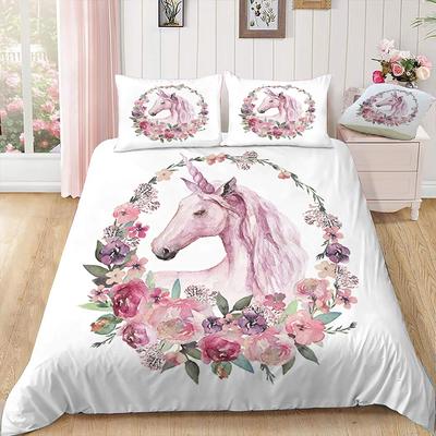Rosa Einhorn Blumen Bettbezug Set King Queen Doppelgröße Polyester Bettdeckenbezug mit Kissenbezug für Kinder Mädchen Bettwäsche Set