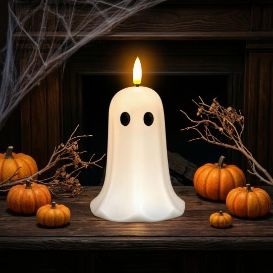 Realistic Wax Ghost Candle Halloween Flameless Candles, Battery Operated LED Flickering Light, Real Bedroom Nightstand Ornament Cute 3D Pillar