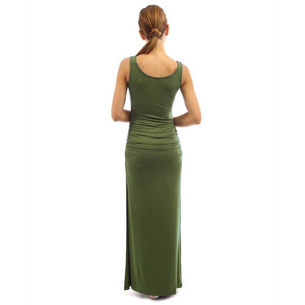 Elegant Summer Women Round Neck Slim Pleated Skirt Long Dress Sleeveless Split Swing