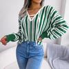 Chic Women Loose Knitted Sweater Winter Fall All Match Tops Balloon Sleeve Contrast Stripe Tie