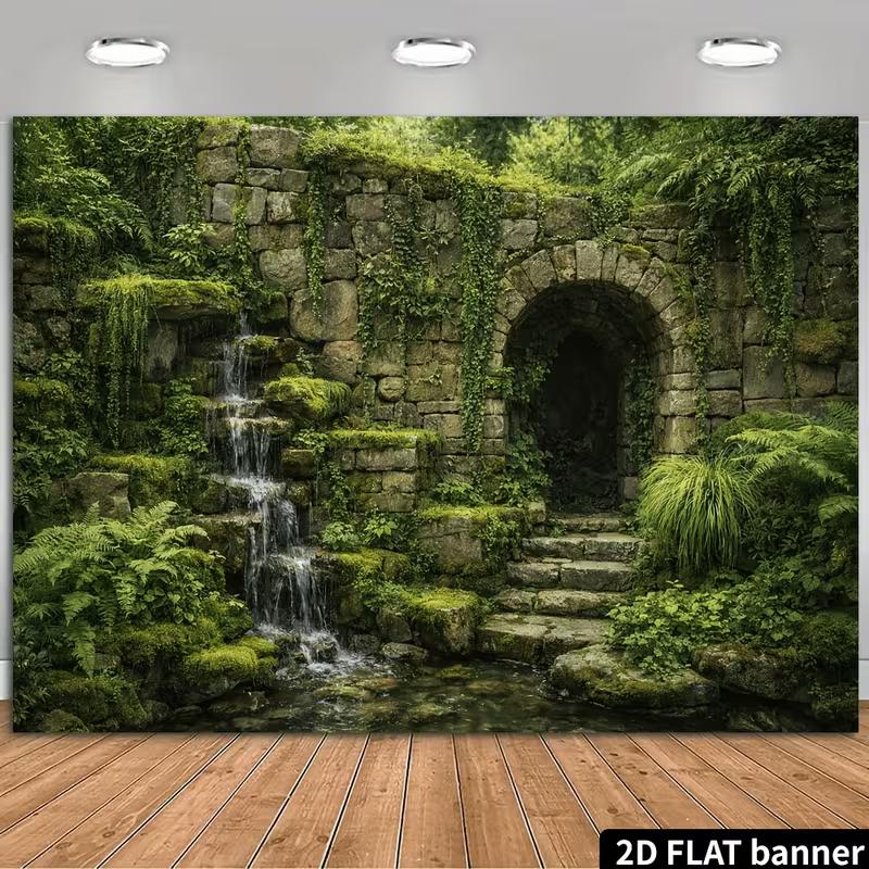 Overgrown Garden Banner with Mossy Arches and Clear Pool Photo Booth Background Cloth