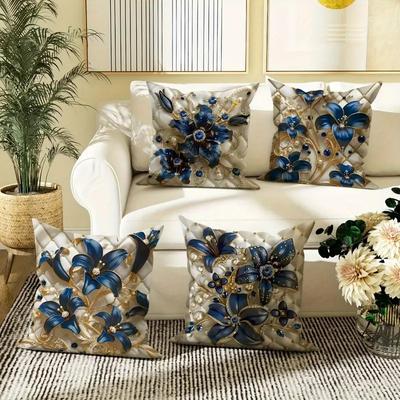 Blue Gold Luxury Floral Throw Pillow Pattern Home Decor Pillowcase Living Room Sofa Polyester Cushion Cover with Zipper