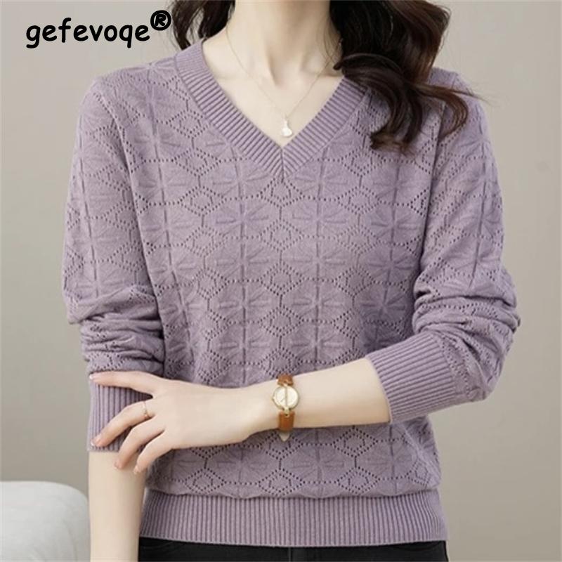 

Women s Clothing Korean Fashion Hollow V Neck Knitted Sweater Autumn Winter Ladies Solid Loose Long Sleeve Tops Elegant Jumpers L зелений