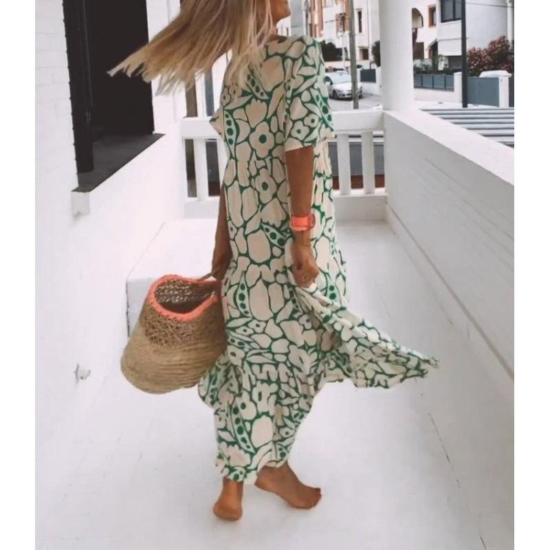 Printed Short Sleeve Women Dress Summer New V-Neck Loose Casual Plus Size Dress Women A-line Elegant Loose Floral Beach Holiday Long Dresses 768