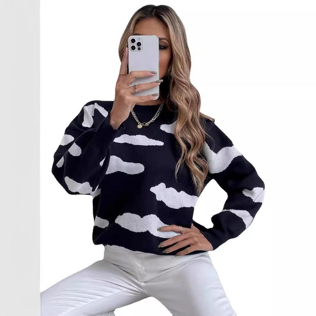 2025 Women's Versatile Jacquard Cloud Sweater: European & American Style, Long Sleeve, Round Neck Knitwear.