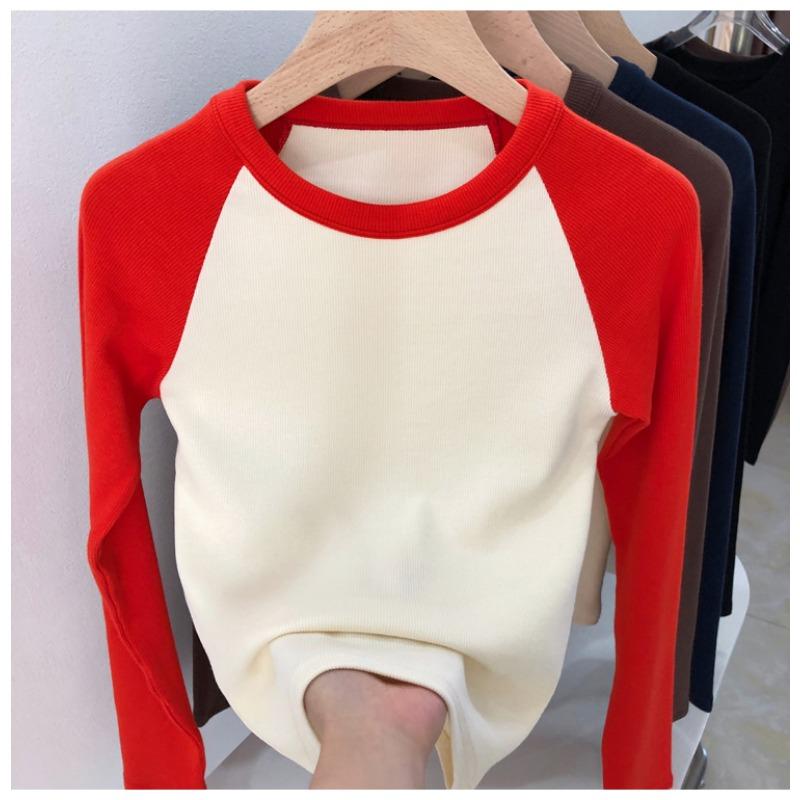 Vintage Color Block Raglan High Waist Long Sleeve Cotton T Shirt For Women