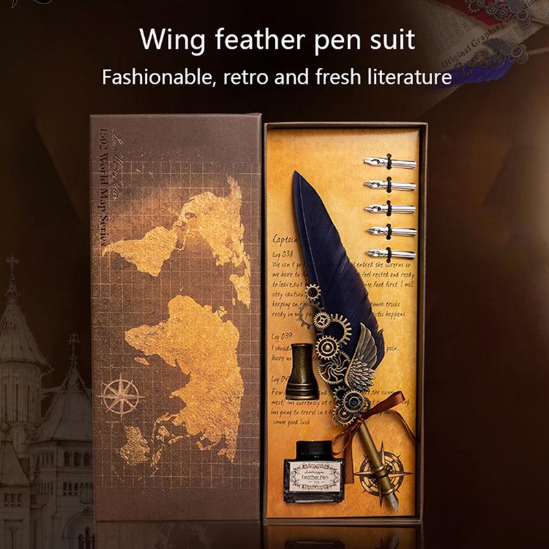 1Set Vintage Calligraphy Pen Antique Feather Dip Pen Ink Writting Pen Stationery