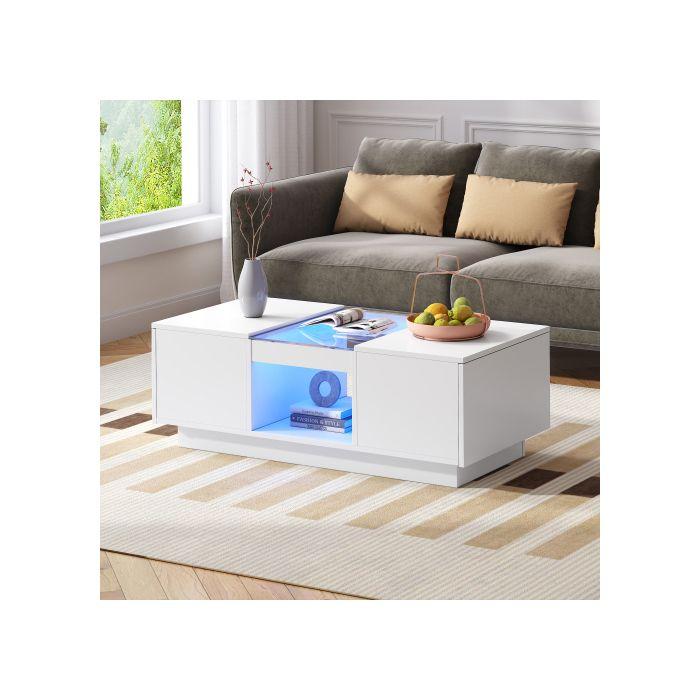 Table basse blanche 100x50x35,5 cm - avec couvercle en verre, éclairage LED, 2 tiroirs et 1 compartiment ouvert