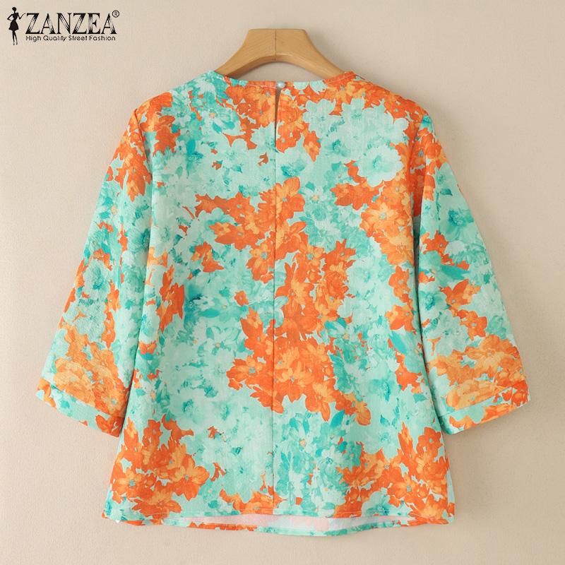ZANZEA Women Summer Round Neck Casual 3/4 Sleeve Loose Print Blouse