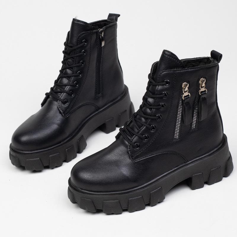 Women's Height-Increasing Martin Boots: Korean Style, Plus Velvet, Autumn/Winter, Thick Sole, Mid-Calf, Plus Size, Cotton.