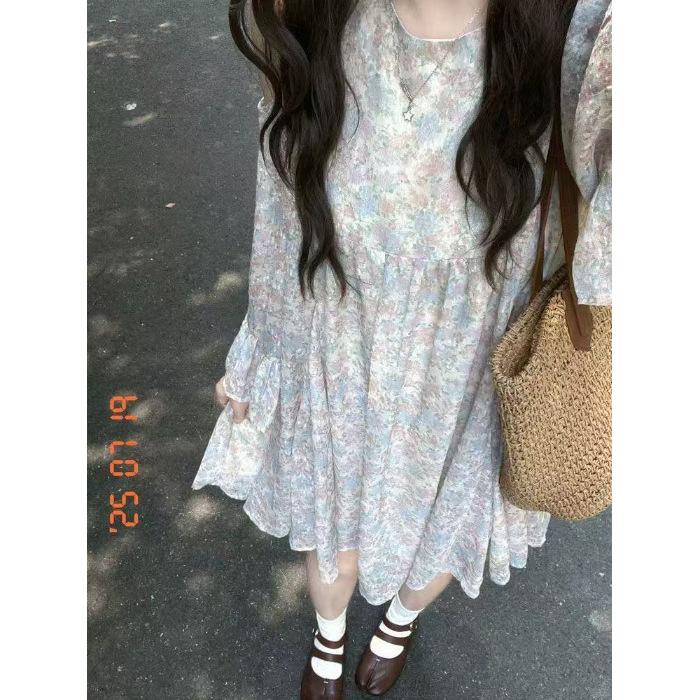 Japanese pure desire style floral design feeling off-the-shoulder dress women s French loose and thin temperament wear short skirt S