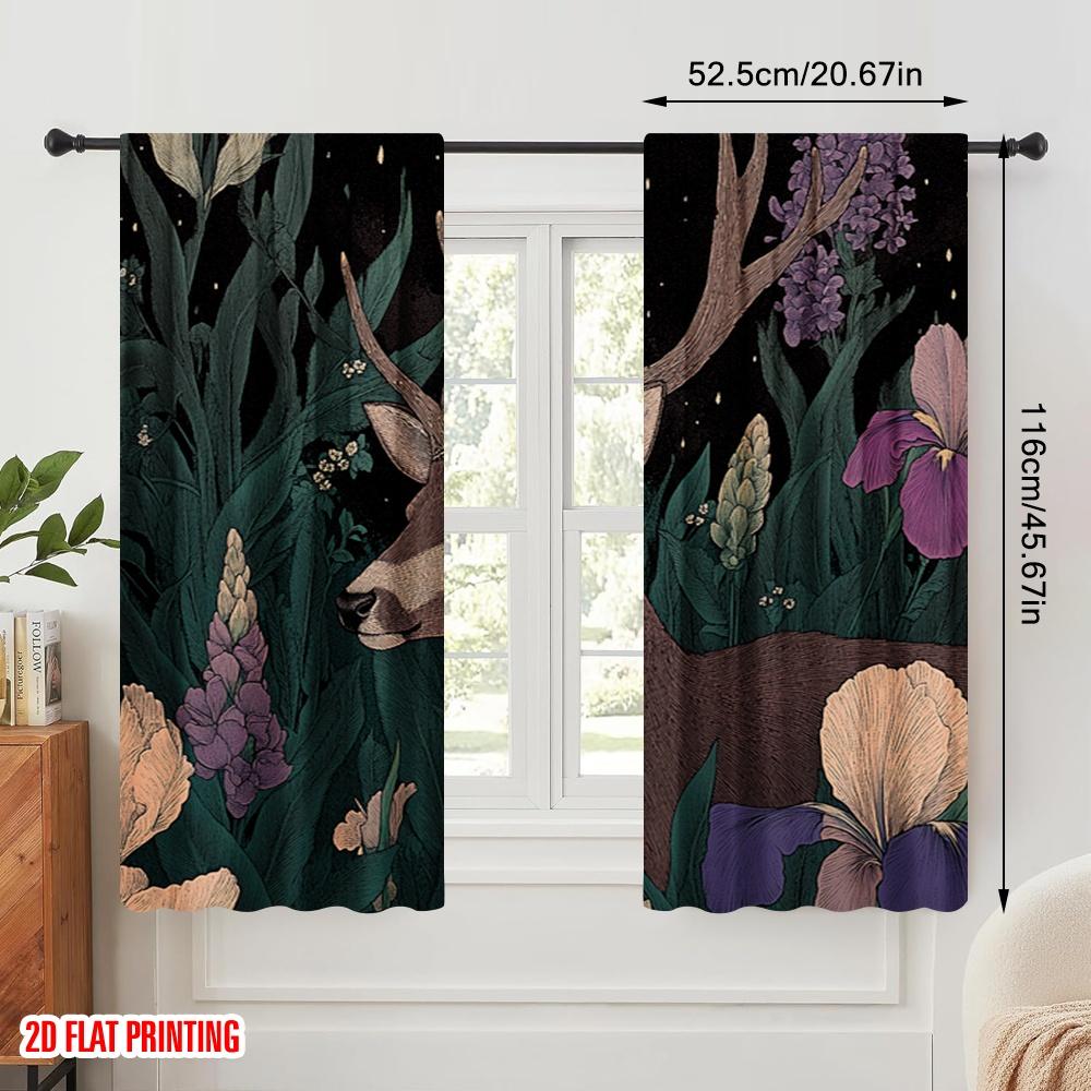 2pcs,2D plane printing Window Curtain Deer With Flowers Nature (2) Polyester Fabric (without rod) All Seasons Perfect for Living