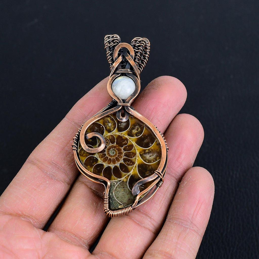 Ammonite Fossil 999 Copper Wire Wrapped Pendant, Handmade Gemstone Jewelry Pendant For Memorial Day