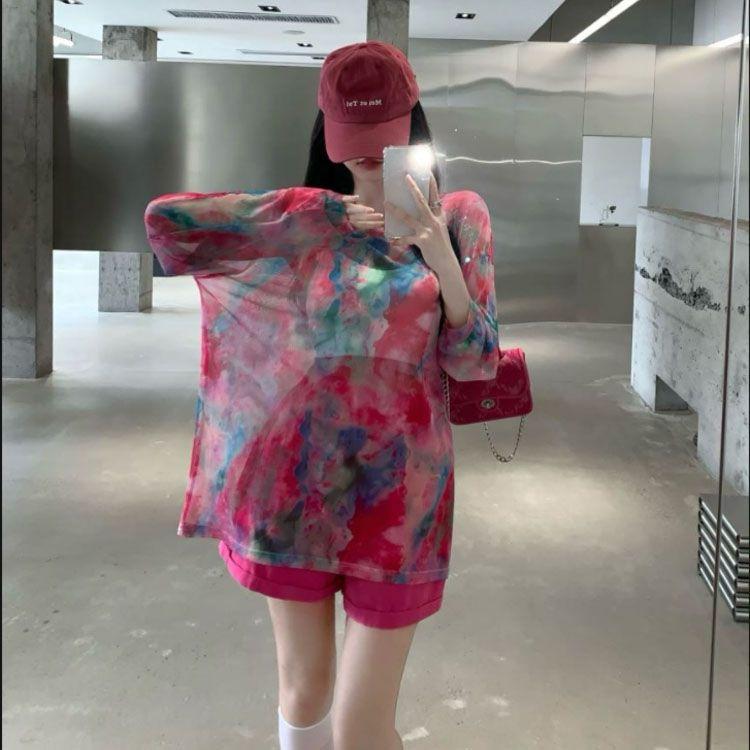 Tie-Dye Mesh Long-Sleeve T-shirt for Women Summer Thin and Semi-Sheer Sun Protection Top