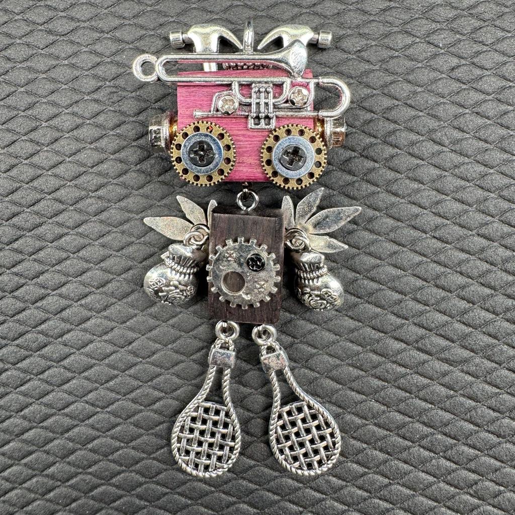 Handmade Punk Robot Pendant Wooden Head Body Hammer Shovel Axe Microphone Badminton Racket Keychain Necklace Pendant