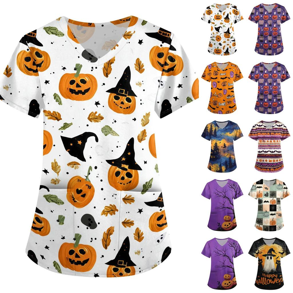 Loose Fit V Neck Short Sleeve Halloween Print Medical Scrub Top with Pockets for Women Nurses Caregivers Workwear