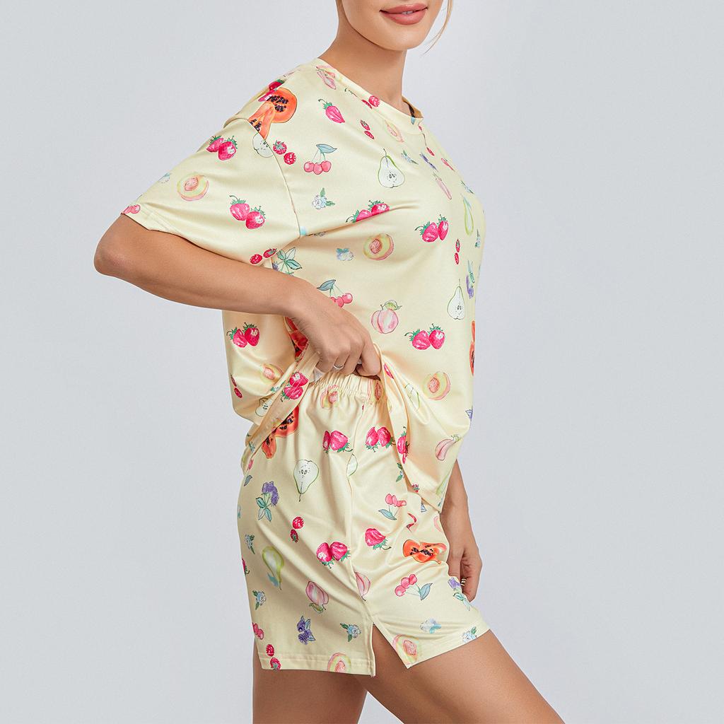 Women Pajamas Set Summer Strawberry Print Crew Neck Long Sleeve Loose Tops and Elastic Waist Pants 2 Pieces Loungewear Homewear