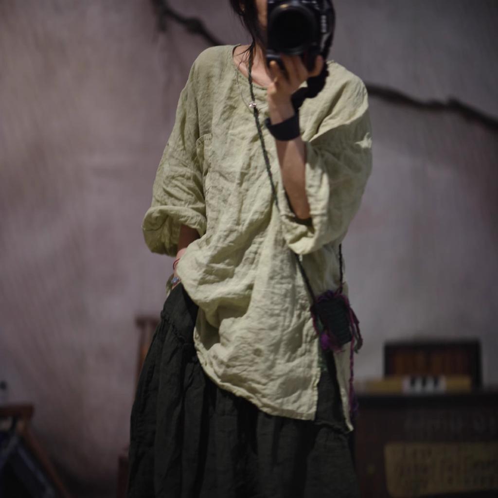 Johnature Women Vintage  T-Shirts Irregular Length Solid Color Autumn O-Neck Long Sleeve Loose T-Shirts