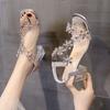 Rhinestone sandals new women's summer crystal thick heel with transparent square head high heels