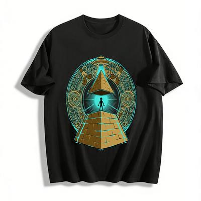 Ancient Civilization Alien Spaceship Pyramid Graphic Tee Pure Cotton T-shirt