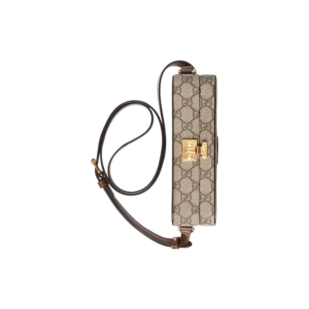 Gucci Oval Double G Leather Tag Canvas Mini Shoulder Crossbody Bag Women Handbags Beige Ebony 723129-92TCG-8563