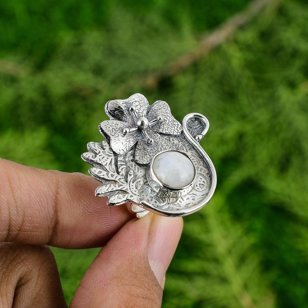 Natural Rainbow Moonstone 925 Silver Stackable Flower Adjustable Ring For Women