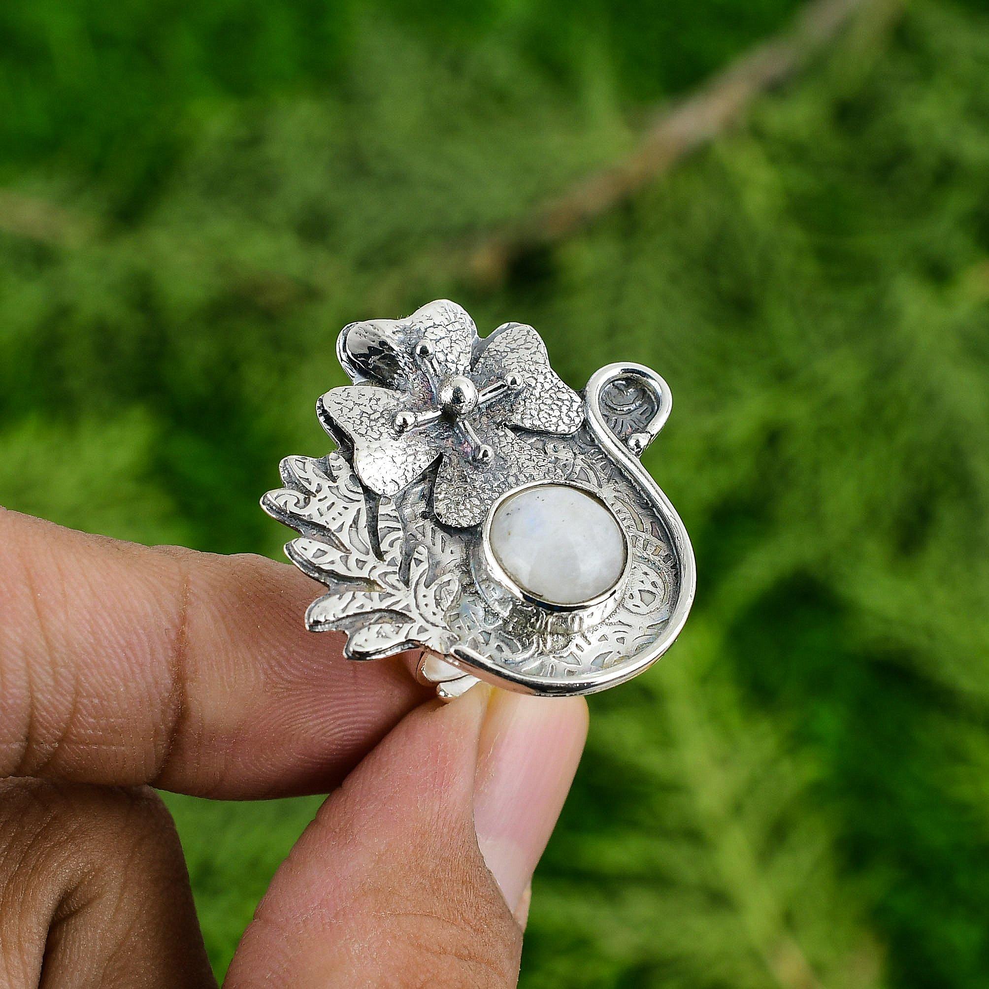 

Natural Rainbow Moonstone 925 Silver Stackable Flower Adjustable Ring For Women Adjustable