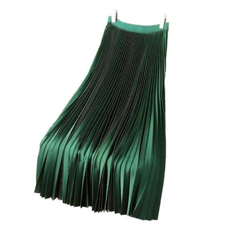 Women Vintage Midi Skirt Wide Elastic Waistband High Waist Pleated A-Line Skirt Solid Color Smooth Satin Long Skirt