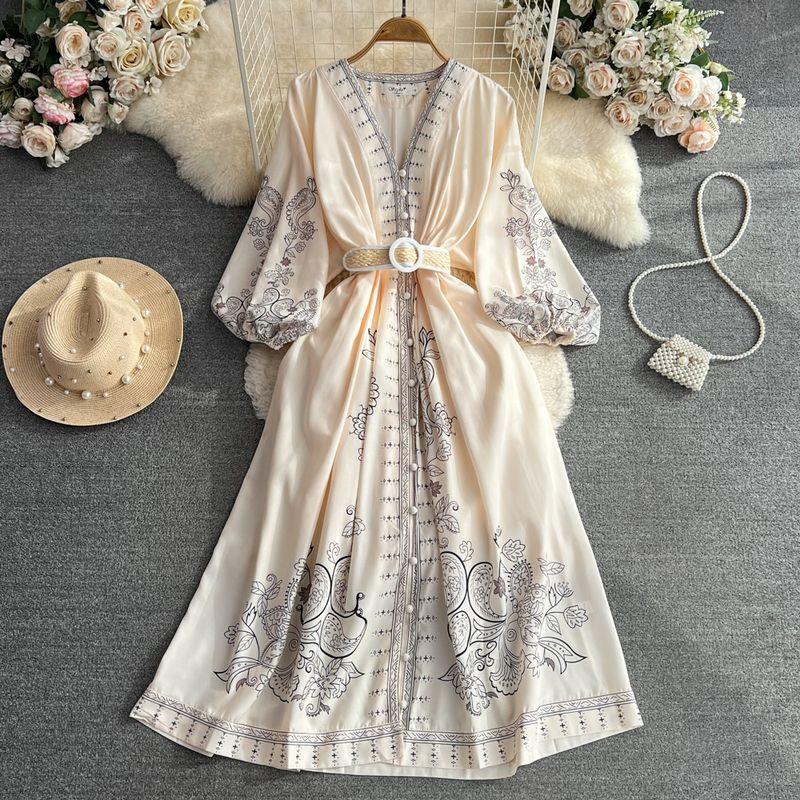 

Retro Lantern Long Sleeve A- line Positioning Print Dress Apricot 2XL