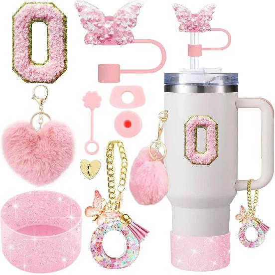9PCS Accessory Set for Stanley Cup 30oz 40oz Butterfly Straw Cover Cap Silicone Boot Charm Initials Sticker Spill Proof Stopper Cup Holders 5