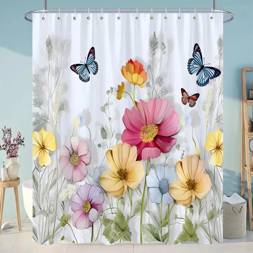 Botanical Floral Bathroom Curtains Tropical Green Leaf Butterfly Nature Landscape Polyester Fabric Shower Curtain Bathroom Decor