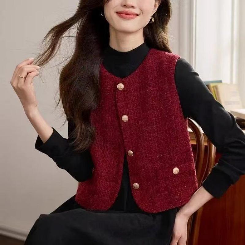 Women S Sleeveless Burgundy Tweed Vest Vintage Style Outerwear
