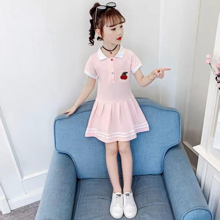Dětské letní šaty s krátkým rukávem Dívčí oblečení ve stylu Preppy Dětské oblečení 6-12 let Dětská klopa Dívčí Bavlna Neformální šaty pro princezny