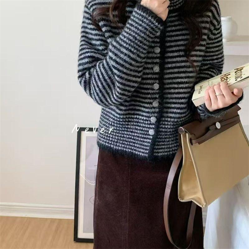 Small Lapel Striped Cardigan Autumn Winter Short Chic Light Luxury Contrast Women's Sweater Jacket