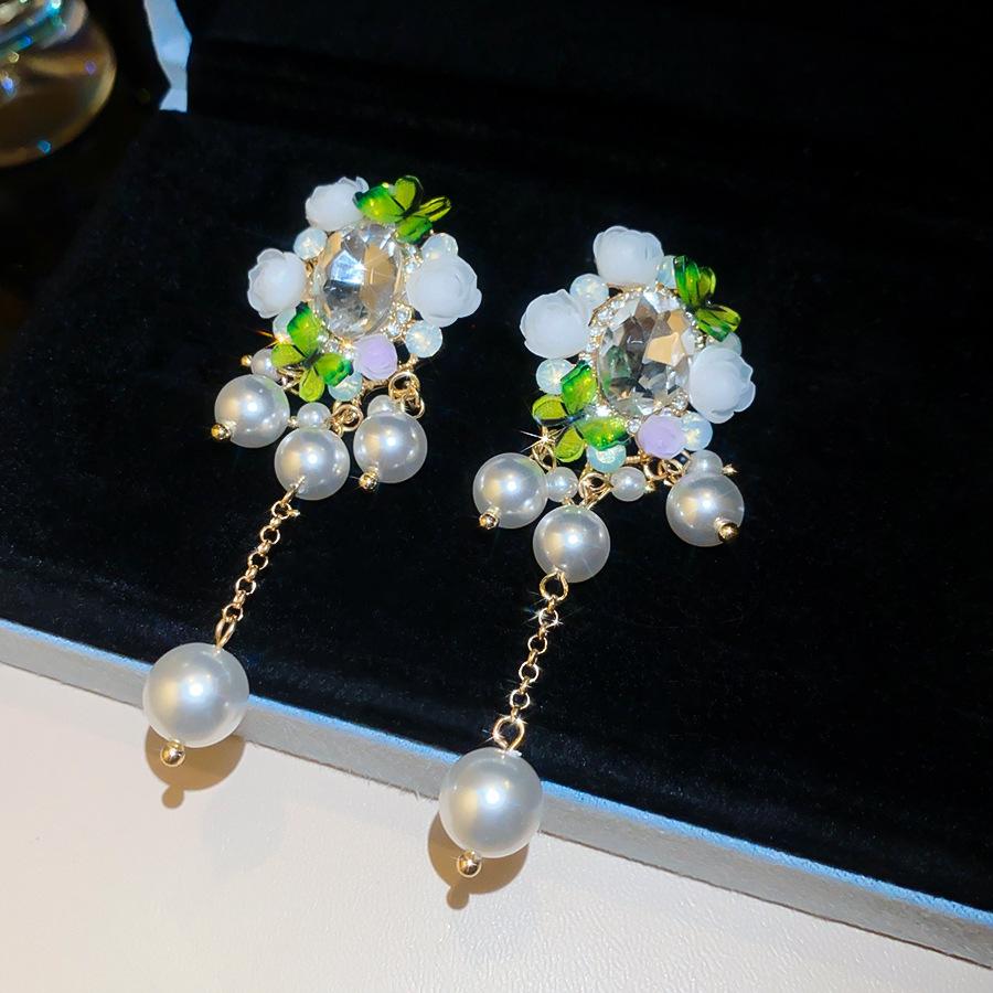 Silver Needle Holiday Style Rhinestone Resin Flower Butterfly Pearl Tassel Earrings Personalized Sweet Premium Earrings