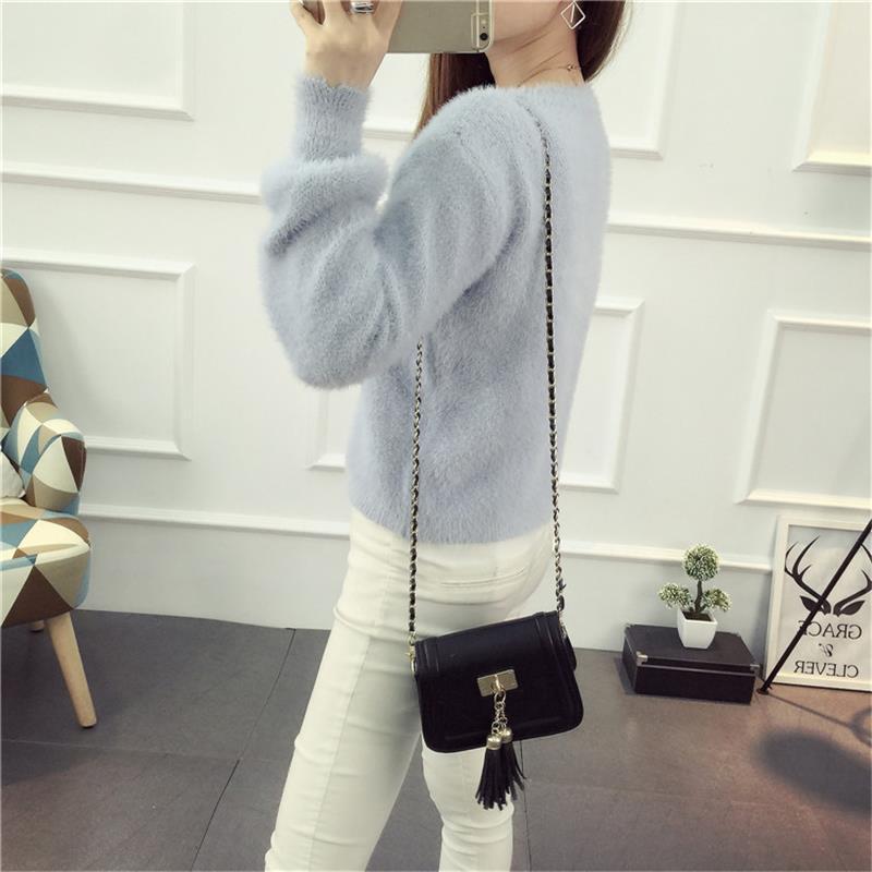 Inverno Imitare Visone Lana Infeltrimento Femminile O-Collo Manica Lunga A Soffio Elastico Casual Maglione Delle Donne Ha Lavorato A Maglia Magliette E Camicette Pullover Solido