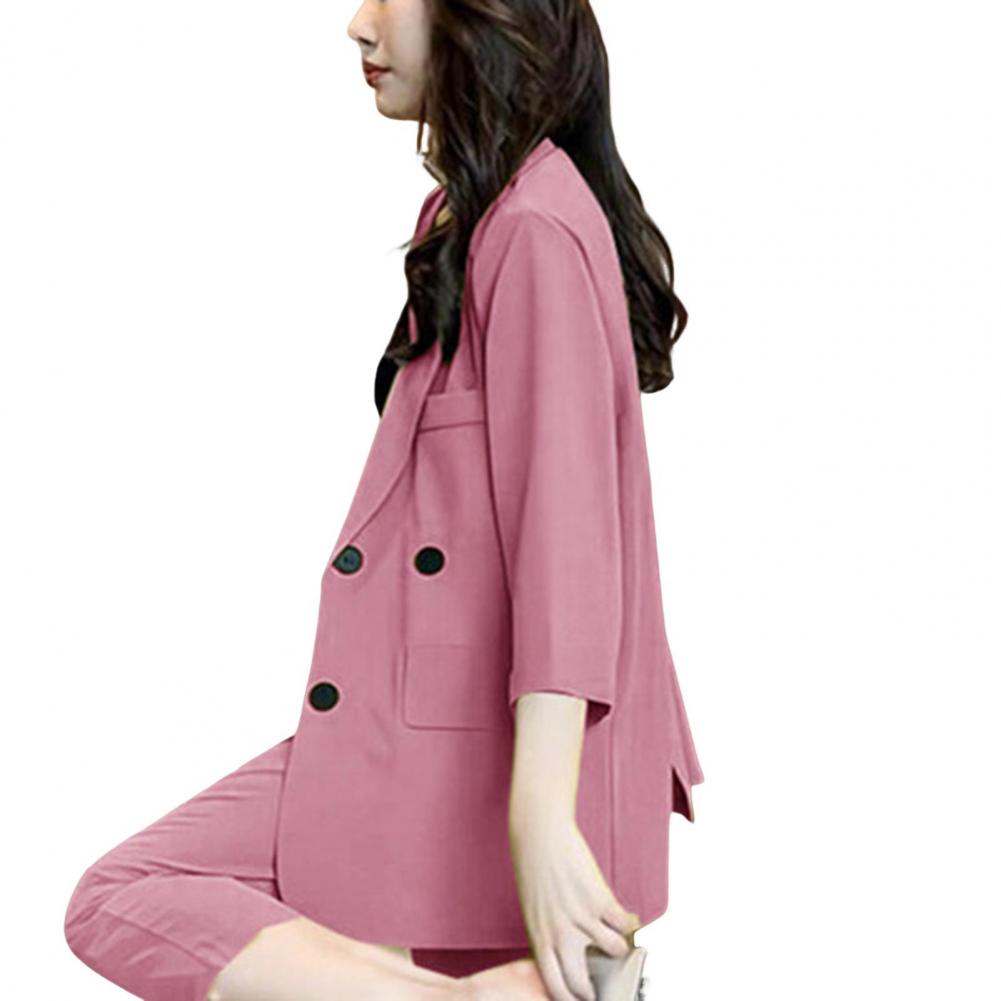 Women Suit Coat Lapel 3/4 Sleeve Double Breasted Suit Jacket Solid Color Loose Fit Flap Pockets Business Outwear