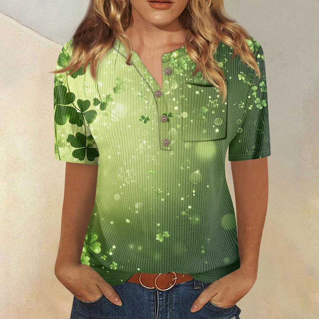 T-Shirts für Damen, plissiert, V-Ausschnitt, elegant, lässig, Blusen, bedruckt, kurzärmelig, Sommeroberteile, lockere Passform