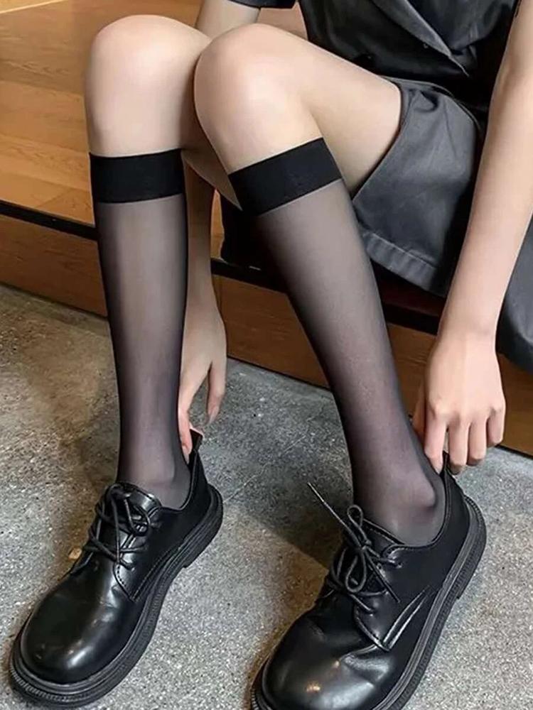 4 Pairs Black White Semi Transparent Nylon Socks Classic Versatile Suitable Daily Wear They Comfortable Breathable Casual Socks