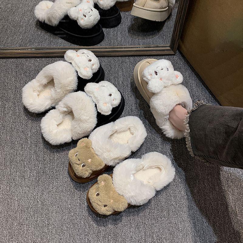 2025 autumn and winter new fashion home fluffy warm cotton slippers high value cute bear fluffy slippers outer wear