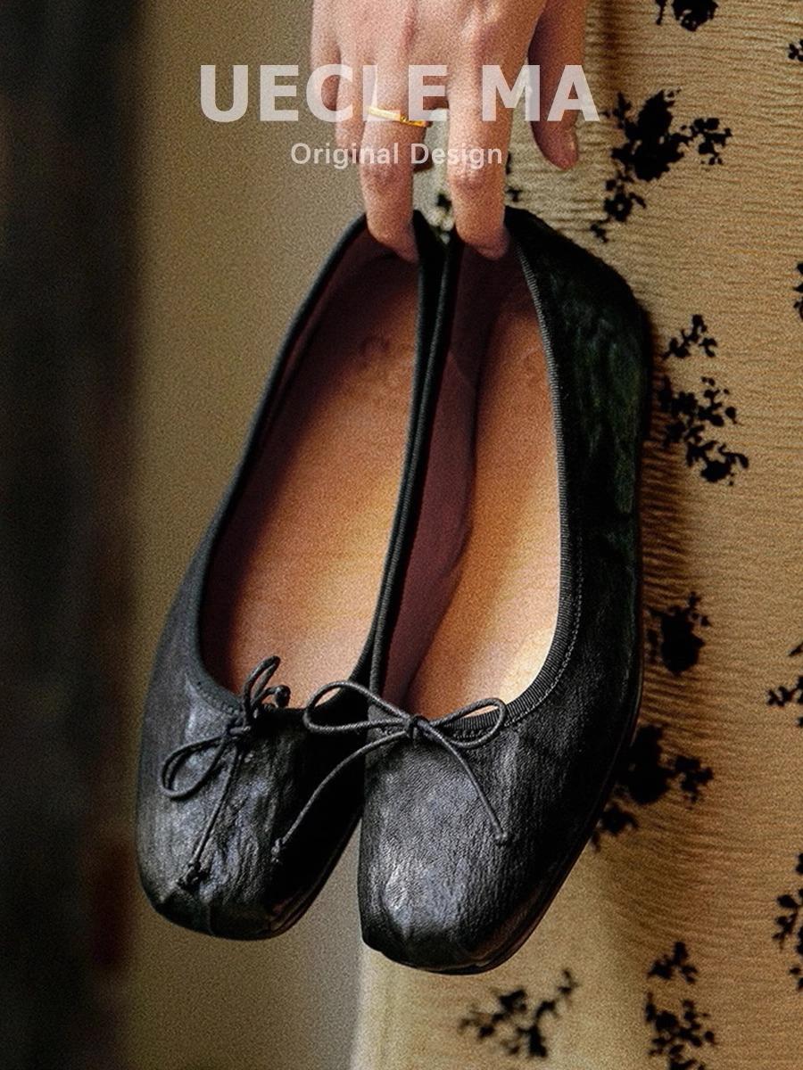 

Cowhide model~ Soft sole is not tired of feet~ Retro flat-soled single shoes women s versatile bow evening shoes pig nose ballet shoes 35 чёрный