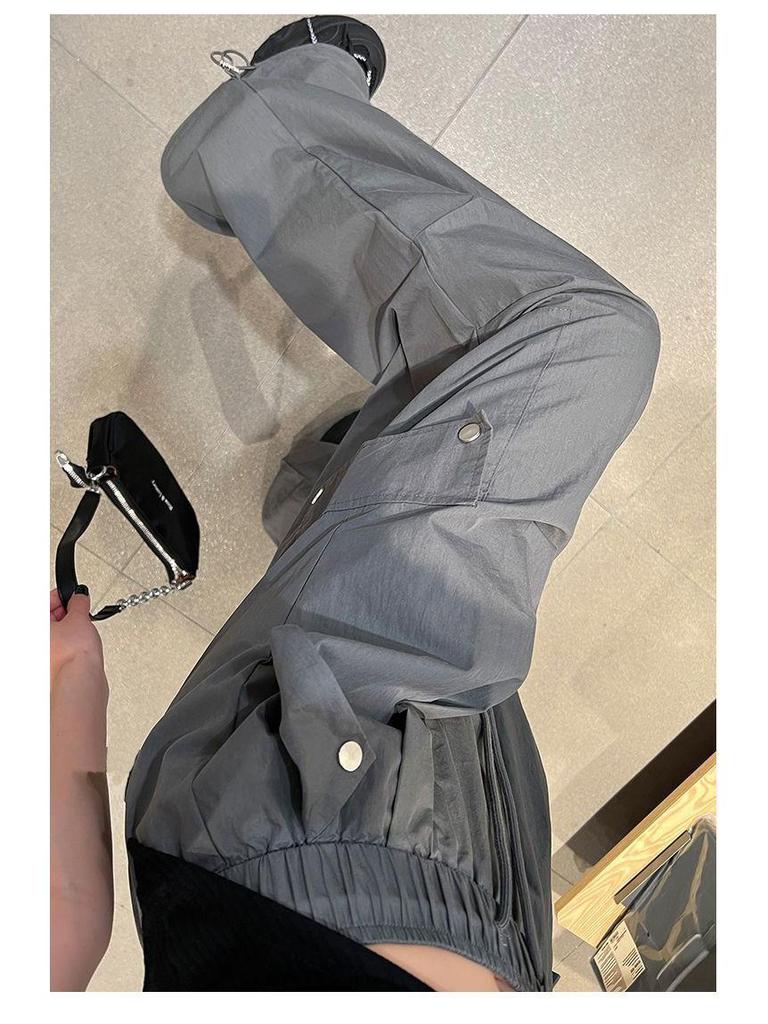 Women's American Spicy Girl Cargo Drawstring Wide Leg Casual Pants - Spring Loose Straight Leg Floor-Length Trousers