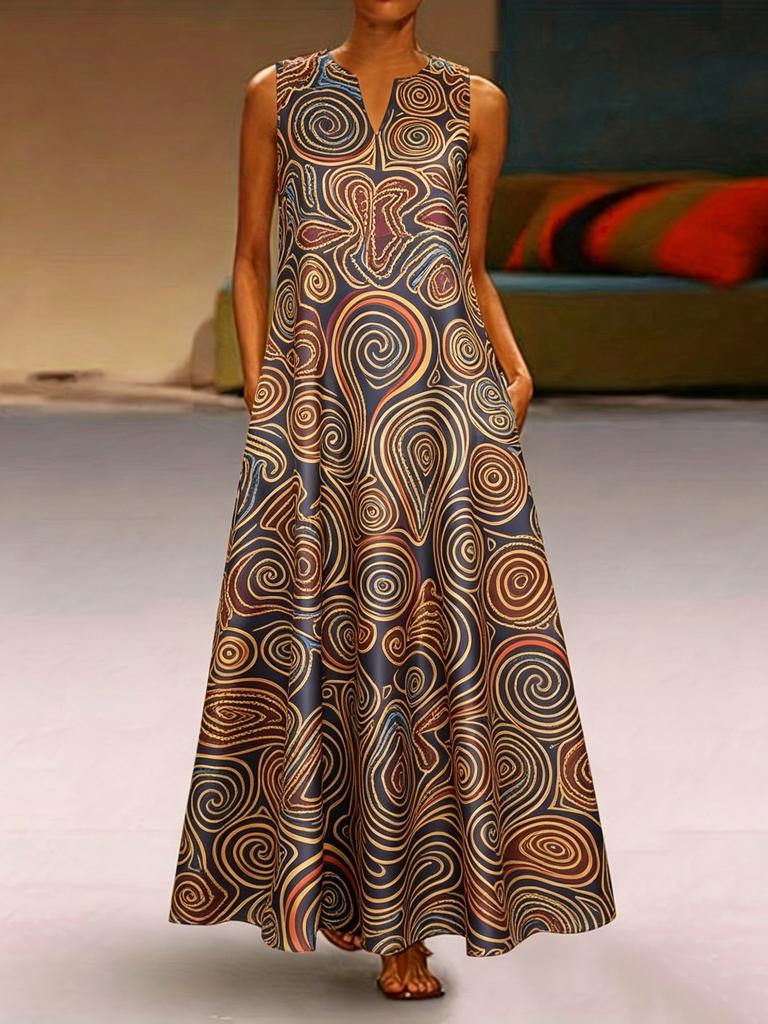 Retro Floral Color Matching Printing V-neck Sleeveless Loose Pendulum Long Dress