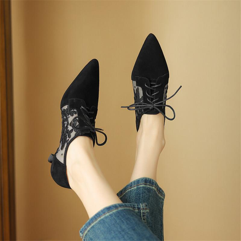 Fashion New Spring Sheep Suede Women Shoes French Retro Pointed Toe Women Pumps Embroidered Mesh Loafers Shoes for Women Ladies Shoes