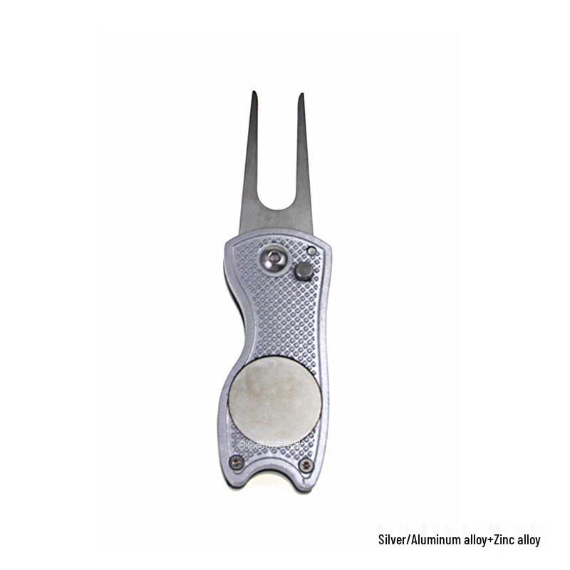 Spring-Loaded Foldable Golf Green Repair Fork with Detachable Marker - Zinc Alloy Construction